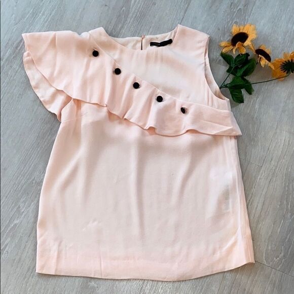 Maje Lorena Asymmetric Ruffle Crepe Top Peach M - Picture 10 of 15